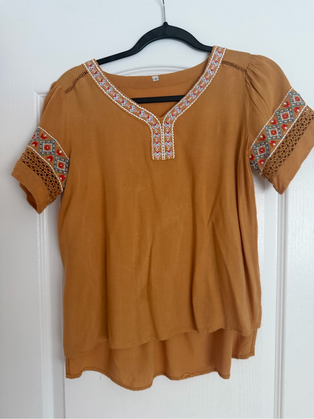 Embroidered V-Neck Women's Top in Mustard